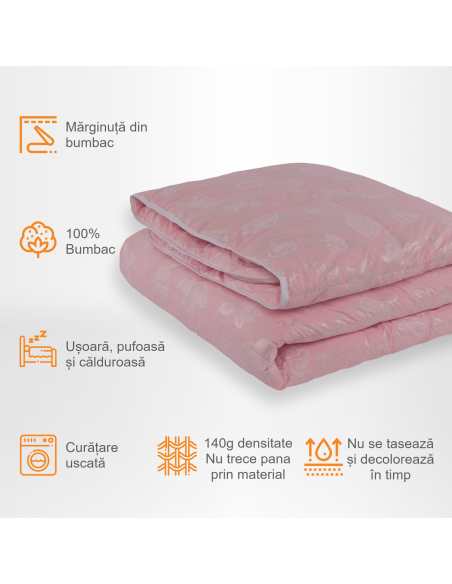 Pilota Pernador cu 15% puf si pana de gasca, 210x240 cm, Roz cu trandafiri argintii
