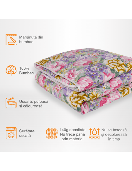 Pilota Pernador cu 15% puf si pana de gasca, 200x220 cm, Flori mov