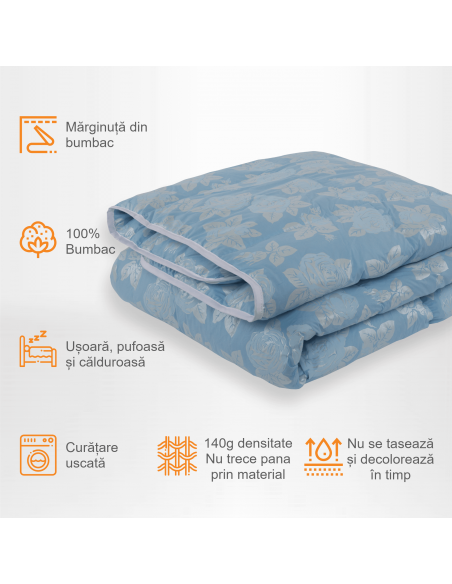 Pilota Pernador cu 15% puf si pana de gasca, 120x200 cm, Albastra cu trandafiri argintii