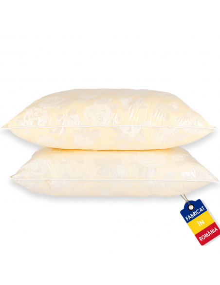 Set de 2 perne Pernador cu puf si pana de gasca, 50x70 cm, Crem cu trandafiri argintii