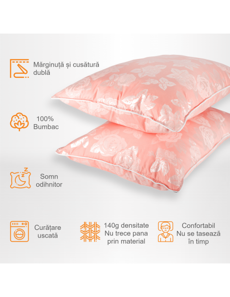 Set de 2 perne Pernador cu puf si pana de gasca, 50x70 cm, Roz cu trandafiri argintii