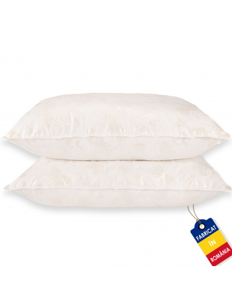 Set de 2 perne Pernador cu puf si pana de gasca, 60x60 cm, Alb cu trandafiri argintii