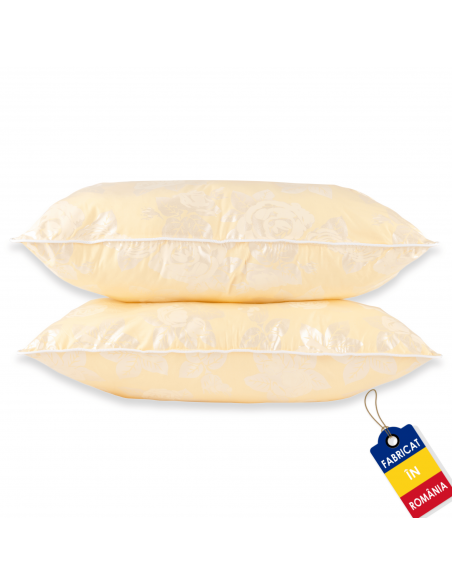 Set de 2 perne Pernador cu puf si pana de gasca, 60x60 cm, Crem cu trandafiri argintii