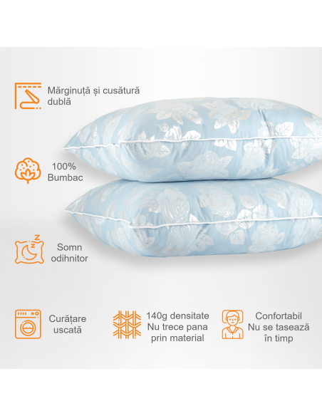 Set de 2 perne Pernador cu puf si pana de gasca, 60x60 cm, Albastru cu trandafiri argintii