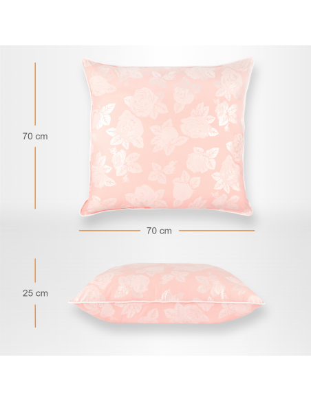 Set de 2 perne Pernador cu puf si pana de gasca, 70x70 cm, Roz cu trandafiri argintii