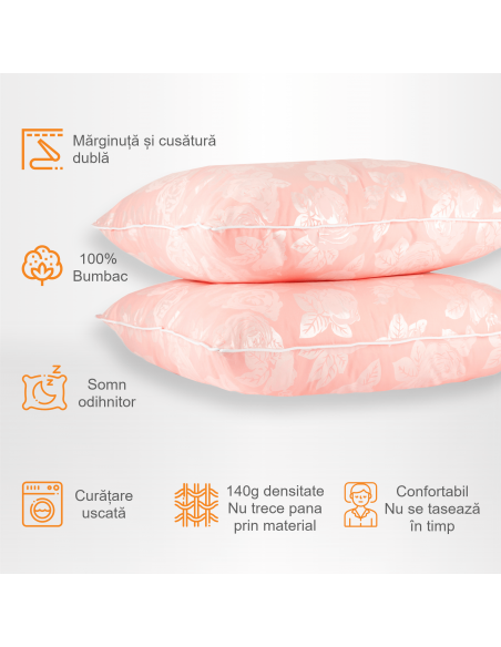 Set de 2 perne Pernador cu puf si pana de gasca, 70x70 cm, Roz cu trandafiri argintii