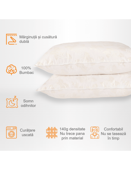 Set de 2 perne Pernador cu puf si pana de gasca, 70x70 cm, Alb cu trandafiri argintii