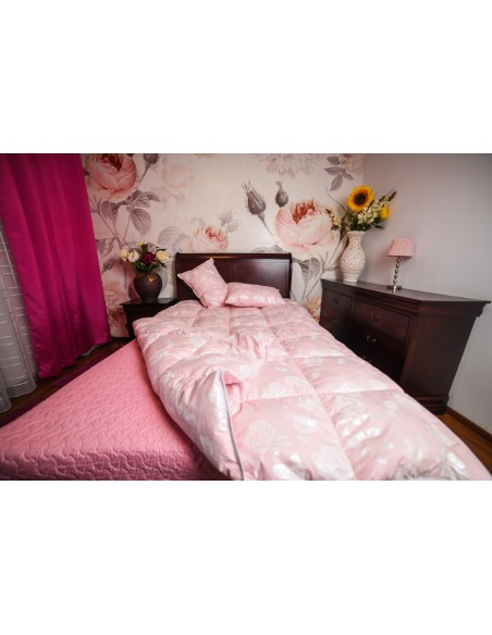 Pilota Pernador cu 15% puf si pana de gasca, 210x240 cm, Roz cu trandafiri argintii
