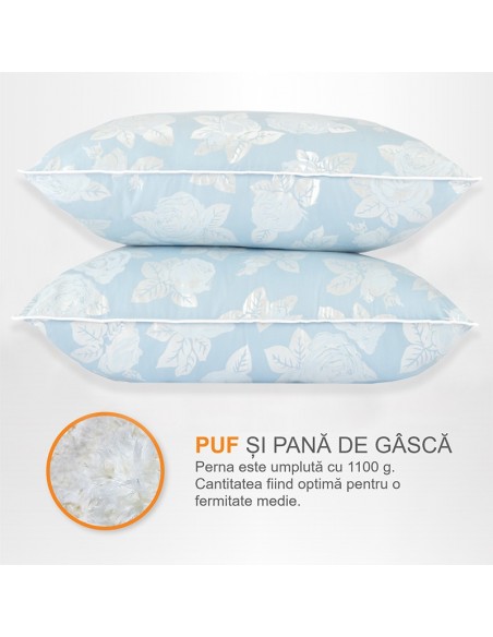 Set de 2 perne Pernador cu puf si pana de gasca, 60x60 cm, Albastru cu trandafiri argintii