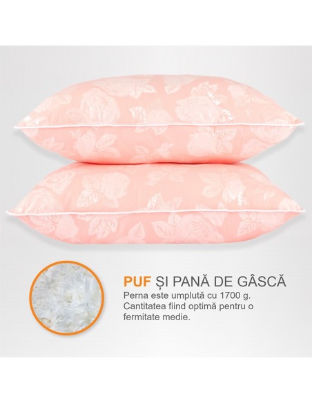 Set de 2 perne Pernador cu puf si pana de gasca, 70x70 cm, Roz cu trandafiri argintii