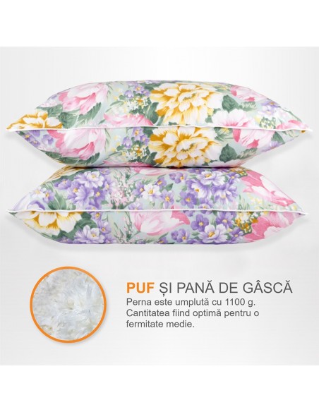Set de 2 perne Pernador cu puf si pana de gasca, 50x70 cm, Flori mov