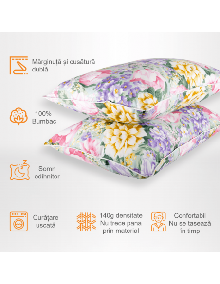Set de 2 perne Pernador cu puf si pana de gasca, 60x60 cm, Flori mov