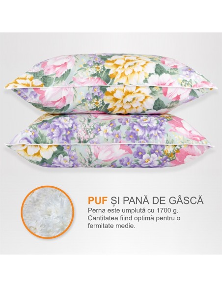 Set de 2 perne Pernador cu puf si pana de gasca, 70x70 cm, Flori mov