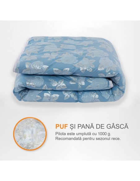 Pilota Pernador cu 15% puf si pana de gasca, 120x200 cm, Albastra cu trandafiri argintii