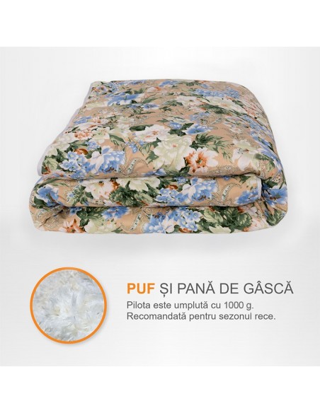 Pilota Pernador cu 15% puf si pana de gasca, 120x200 cm, Flori albastre