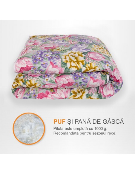 Pilota Pernador cu 15% puf si pana de gasca, 120x200 cm, Flori mov