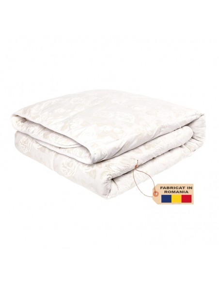 Pilota Pernador cu 15% puf si pana de gasca, 200x220 cm, Alb cu trandafiri argintii