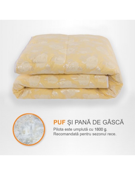 Pilota Pernador cu 15% puf si pana de gasca, 200x220 cm, Crem cu trandafiri argintii