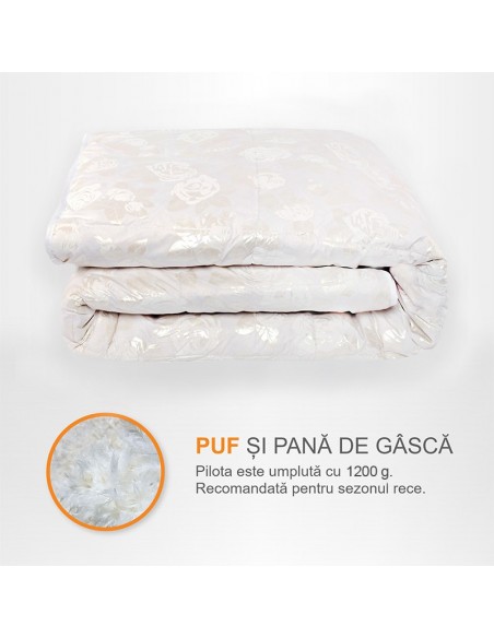 Pilota Pernador cu 15% puf si pana de gasca, 140x200 cm, Alb cu trandafiri argintii