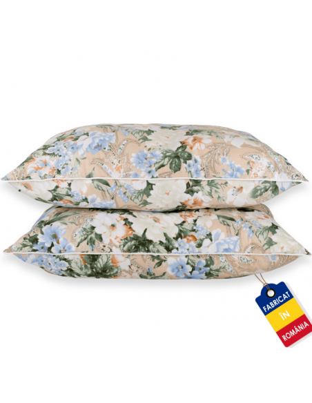 Set de 2 perne Pernador cu puf si pana de gasca, 60x60 cm, Flori Albastre