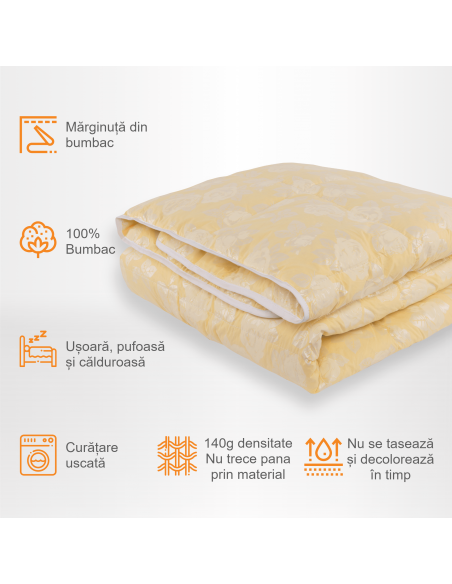 Pilota Pernador cu 30% puf si pana de gasca, 180x200 cm, Crem cu trandafiri argintii