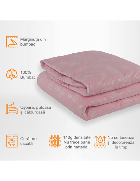 Pilota Pernador cu 30% puf si pana de gasca, 180x200 cm, Roz cu trandafiri argintii