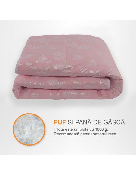 Pilota Pernador cu 30% puf si pana de gasca, 180x200 cm, Roz cu trandafiri argintii
