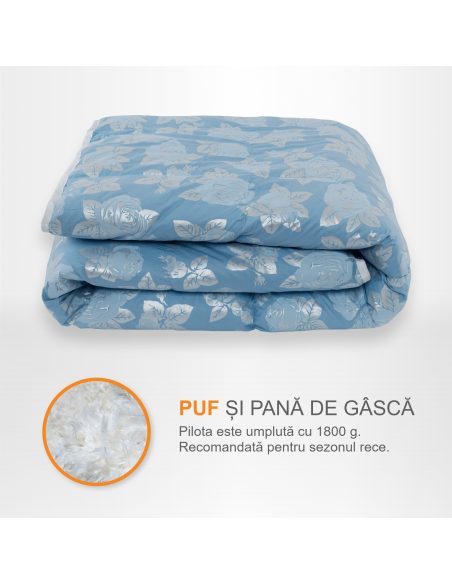 Pilota Pernador cu 30% puf si pana de gasca, 160x200 cm, Albastra cu trandafiri argintii