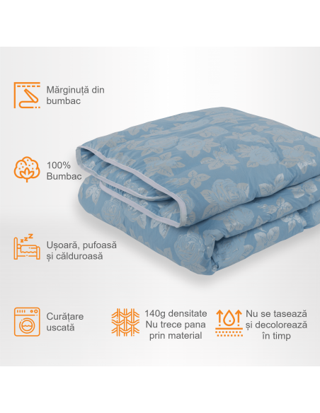 Pilota Pernador cu 30% puf si pana de gasca, 160x200 cm, Albastra cu trandafiri argintii