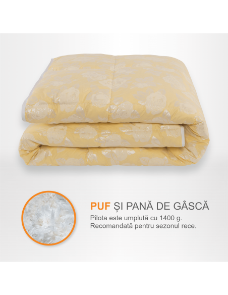 Pilota Pernador cu 30% puf si pana de gasca, 160x200 cm, Crem cu trandafiri argintii