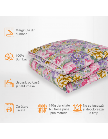 Pilota Pernador cu 30% puf si pana de gasca, 140x200 cm, Flori mov