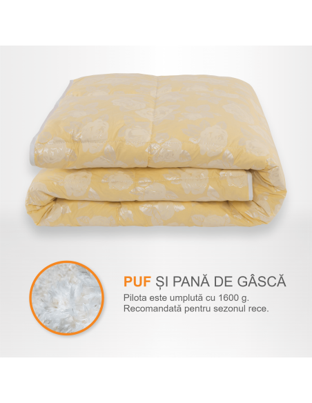 Pilota Pernador cu 30% puf si pana de gasca, 140x200 cm, Crem cu trandafiri argintii