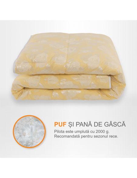 Pilota Pernador cu 30% puf si pana de gasca, 210x240 cm, Crem cu trandafiri argintii