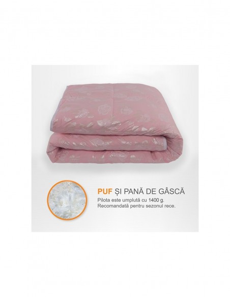 Pilota Pernador cu 30% puf si pana de gasca, 210x240 cm, Roz cu trandafiri argintii