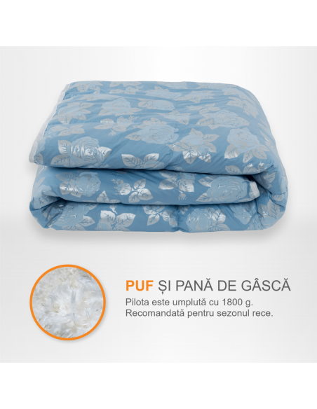 Pilota Pernador cu 30% puf si pana de gasca, 210x240 cm, Albastra cu trandafiri argintii