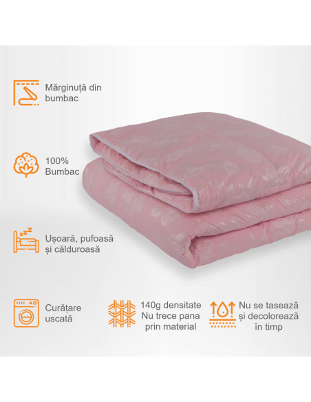 Pilota Pernador cu 30% puf si pana de gasca, 200x220 cm, Roz cu trandafiri argintii