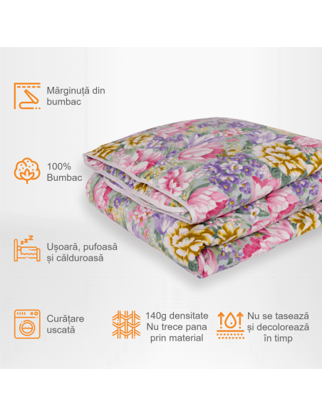 Pilota Pernador cu 30% puf si pana de gasca, 200x220 cm, Flori mov