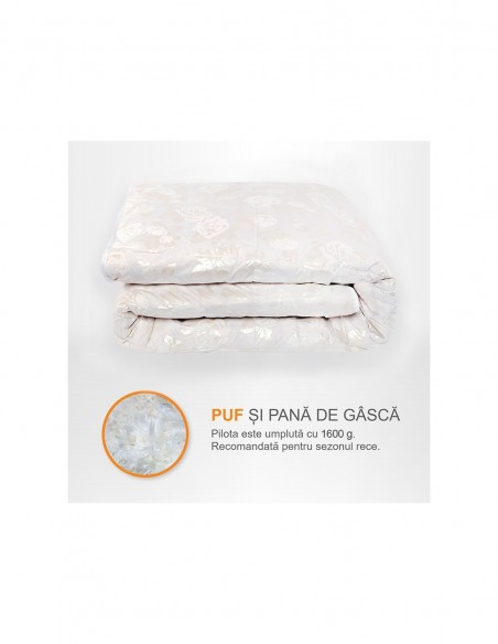 Pilota Pernador cu 30% puf si pana de gasca, 210x240 cm, Alb cu trandafiri argintii