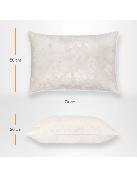 Perna Pernador cu 15% puf si pana de gasca, 50x70 cm, Alb cu trandafiri argintii