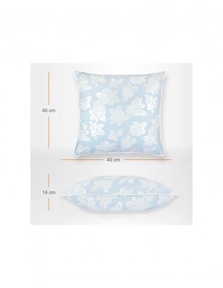Perna Pernador cu 30% puf si pana de gasca, 40x40 cm, albastru cu trandafiri argintii