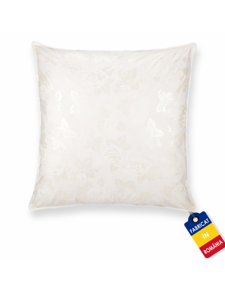 Perna Pernador cu 30% puf si pana de gasca, 40x40 cm, alb cu trandafiri argintii