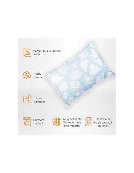 Perna Pernador cu 30% puf si pana de gasca, 50x70 cm, albastru cu trandafiri argintii