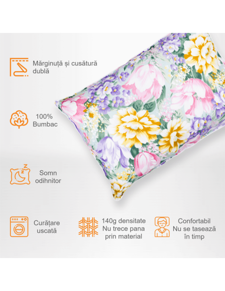 Perna Pernador cu 30% puf si pana de gasca, 50x70 cm, flori mov