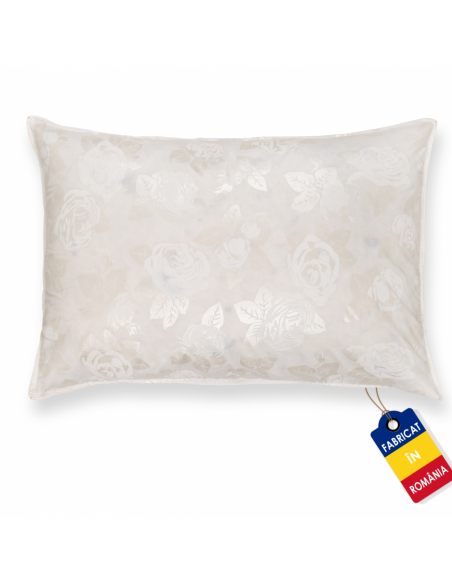 Perna Pernador cu 30% puf si pana de gasca, 50x70 cm, alb cu trandafiri argintii