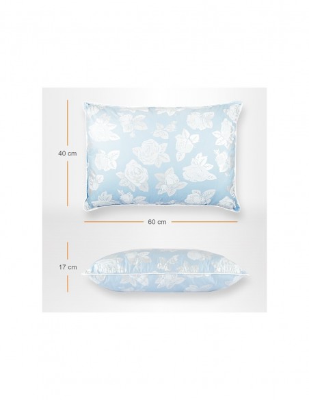 Perna Pernador cu 30% puf si pana de gasca, 40x60 cm, albastru cu trandafiri argintii