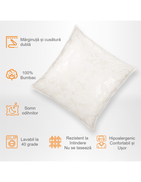 Perna Pernador cu 15% puf si pana de gasca, 40x40 cm, Alb cu trandafiri argintii