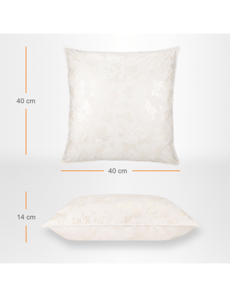Perna Pernador cu 15% puf si pana de gasca, 40x40 cm, Alb cu trandafiri argintii