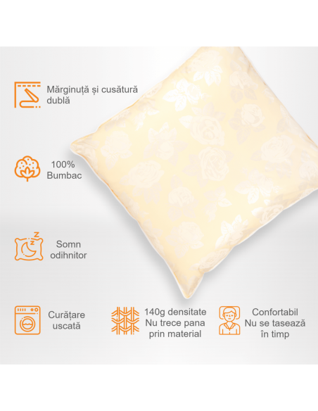Perna Pernador cu 15% puf si pana de gasca, 40x40 cm, Crem cu trandafiri argintii
