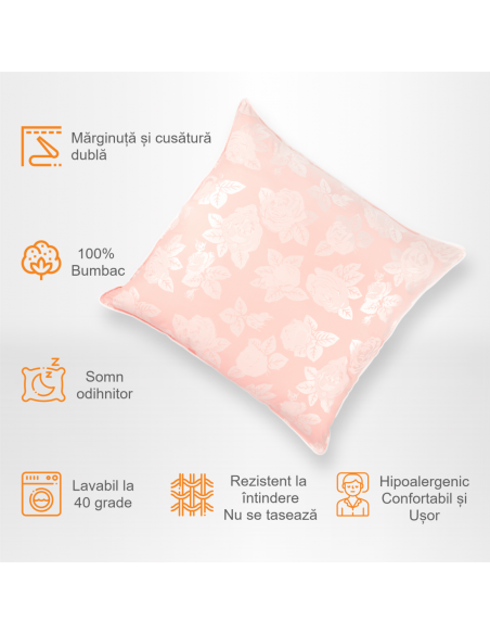 Perna Pernador cu 15% puf si pana de gasca, 40x40 cm, Roz cu trandafiri argintii