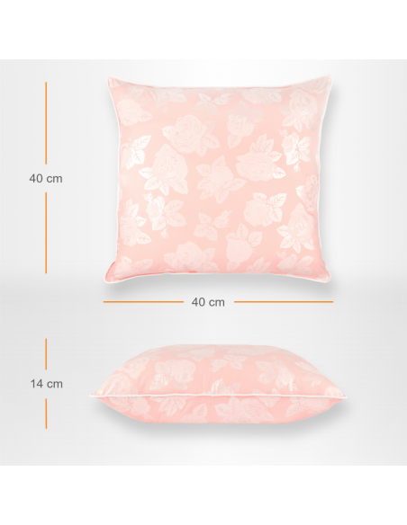 Perna Pernador cu 15% puf si pana de gasca, 40x40 cm, Roz cu trandafiri argintii